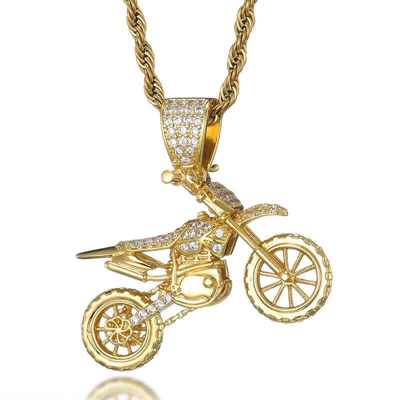 Trending Bling CZ Cubic Zircon Copper Motorcycle Pendants & Necklaces For Men (1U83)