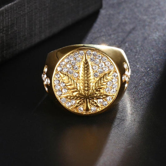 Trending Iced Out Bling Gold Color Stainless Steel Ring Micro Paved Rhinestone Weed Maple leaf Rings (2U83)