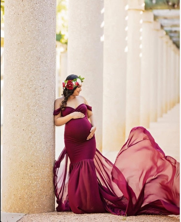 Long Maternity Photography Props Pregnancy Dress For Photo Shooting Off Shoulder - Maxi Maternity Gown (1U5)(Z6)(Z8)(1Z1)(2Z1)(3Z1)(4Z1)(7Z1)