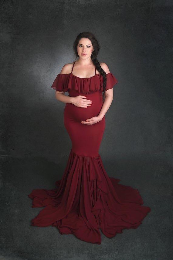 Ruffles Maxi Maternity Gown For Photo Shoots - Cute Sexy Maternity Dresses Photography - Plus Size (1U5)(Z6)(Z8)(1Z1)(2Z1)(3Z1)(4Z1)(7Z1)