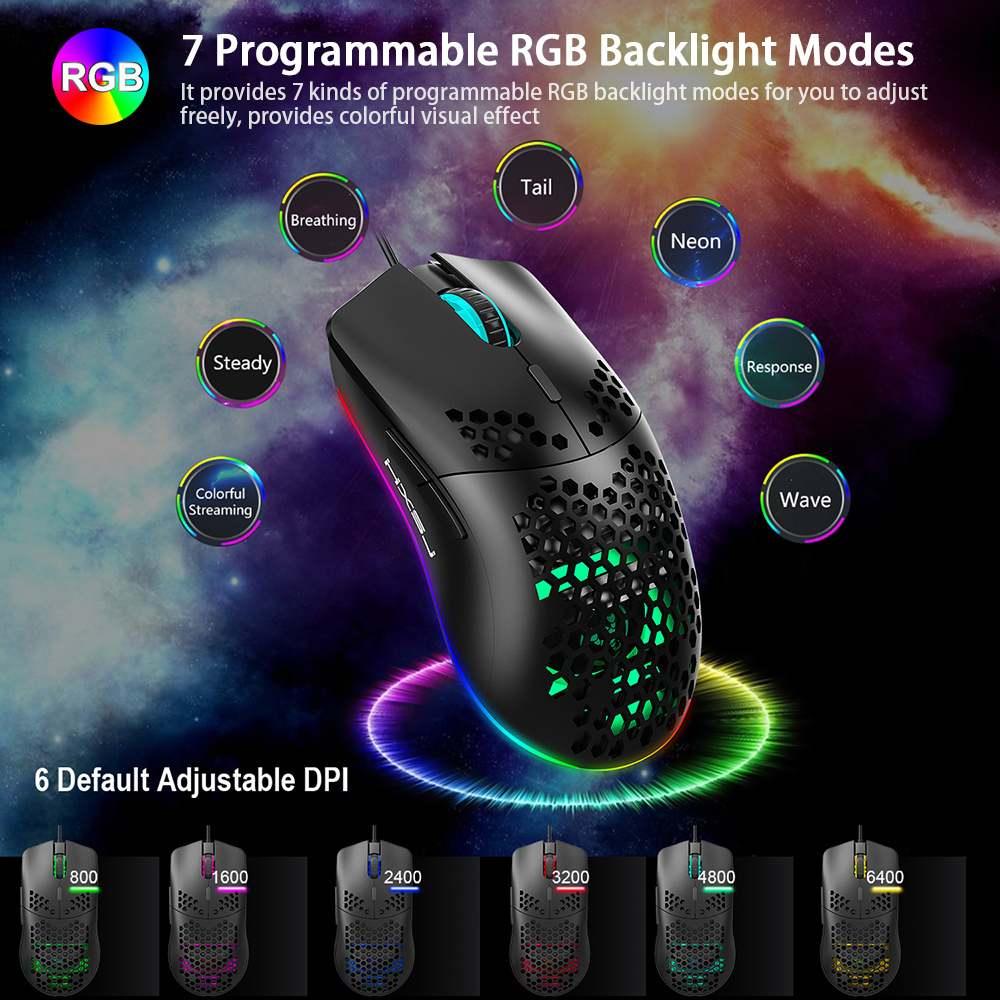 J900 RGB Backlight USB Wired Mouse Honeycomb Hollow Game Mouse 6400DPI For Desktop Computer Laptop PC (CA1)