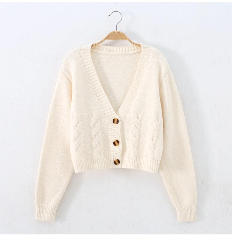 Great Women Cardigans Spring Short Cropped Cardigans - Button Up V neck Twisted Knitted White Cardigan Sueter Feminino (TP4)(TB8C)(1U23) - Deals DejaVu