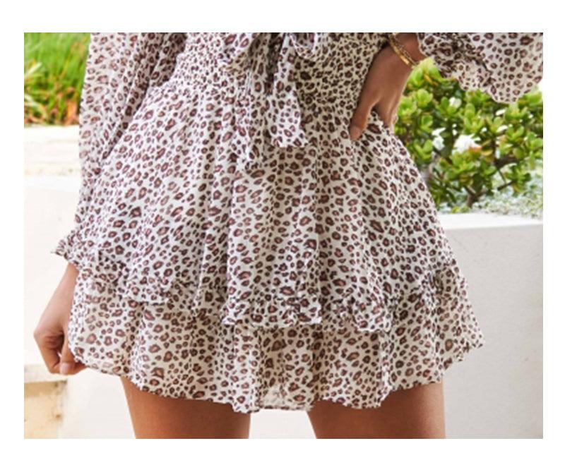Cute V-Neck Front Bow Tie Leopard Print Sexy Mini Dress - Women Long Sleeve A-Line Ruffle Party Dresses Summer Daily Clothes (BWD)(WS06)(F30)(2U30) - Deals DejaVu