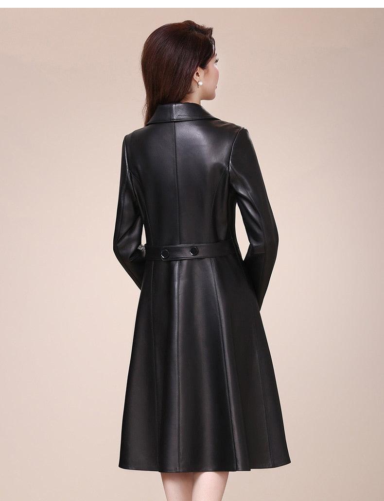 Spring autumn long black soft faux leather coat - Women long sleeve buttons slim fit Elegant leather jacket women (TB8B)(TB8A)(TP3)(1U23) - Deals DejaVu