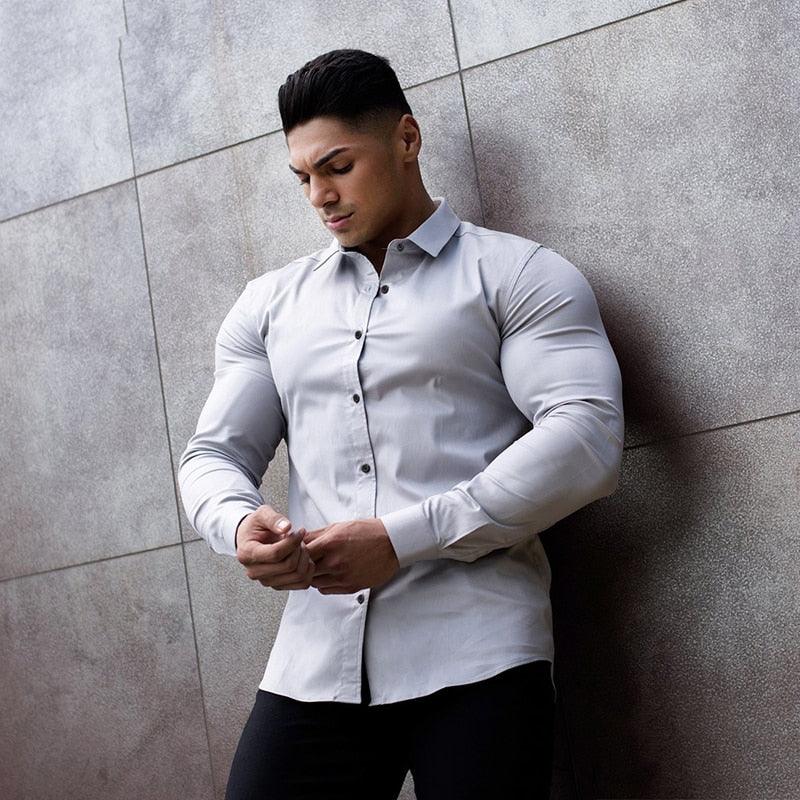 Trending Men Fashion Casual long Sleeve Solid Shirt - Super Slim Fit - Male Social Business - Fitness Sports Clothing (TM1)(T2G)(1U8)(TM8]