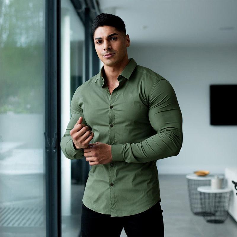 Trending Men Fashion Casual long Sleeve Solid Shirt - Super Slim Fit - Male Social Business - Fitness Sports Clothing (TM1)(T2G)(1U8)(TM8]