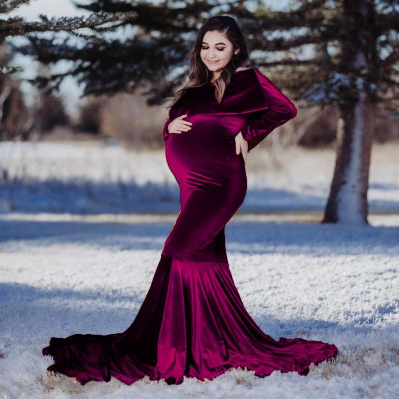 Maternity Winter Dresses Baby Showers Long Sleeve Pregnant Women Gold Velvet Maxi Gown Sexy Pregnancy Photo Shoot Props Clothes (Z6)(1Z1)(2Z1)(3Z1)(7Z1) - Deals DejaVu