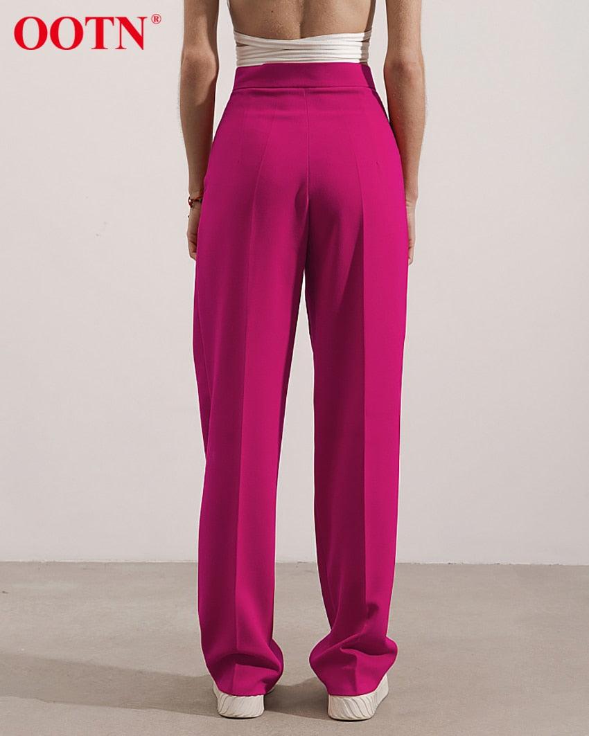 Unique Y2k High Waist Streetwear Autumn Trousers - Women Fashion Pink Pocket Buttons Wide Leg Pants - Lady Loose Pleated Floor-Length (BP)(1U25) - Deals DejaVu