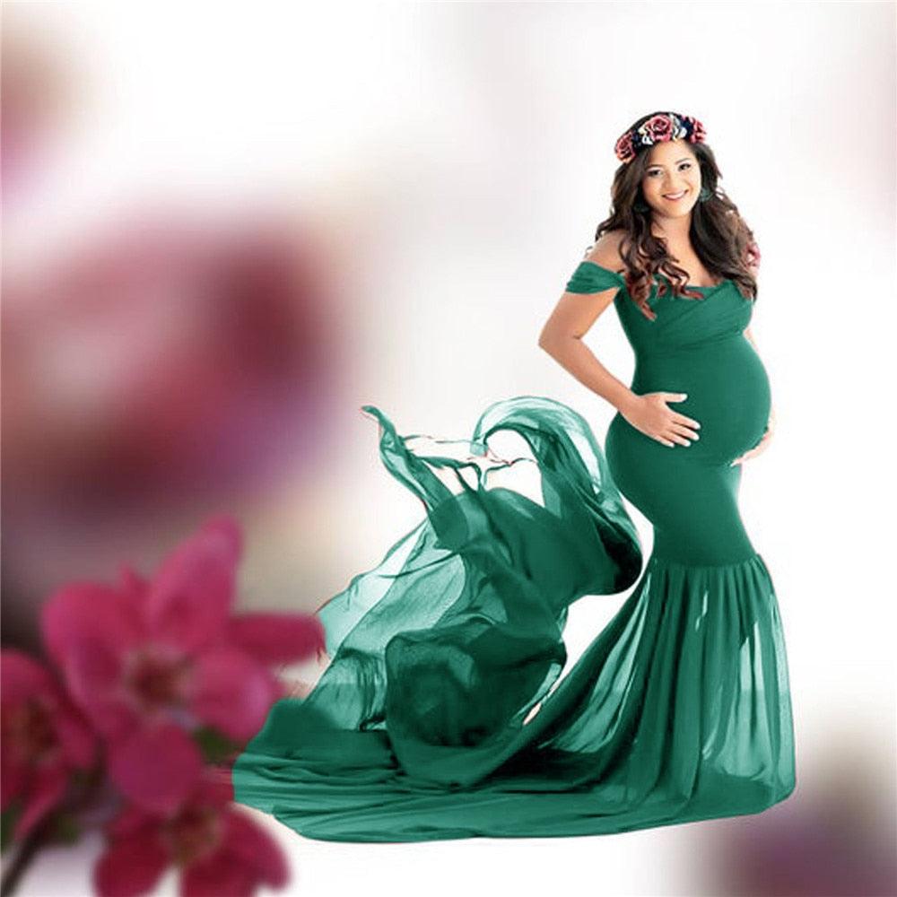 Long Maternity Photography Props Pregnancy Dress For Photo Shooting Off Shoulder - Maxi Maternity Gown (1U5)(Z6)(Z8)(1Z1)(2Z1)(3Z1)(4Z1)(7Z1)