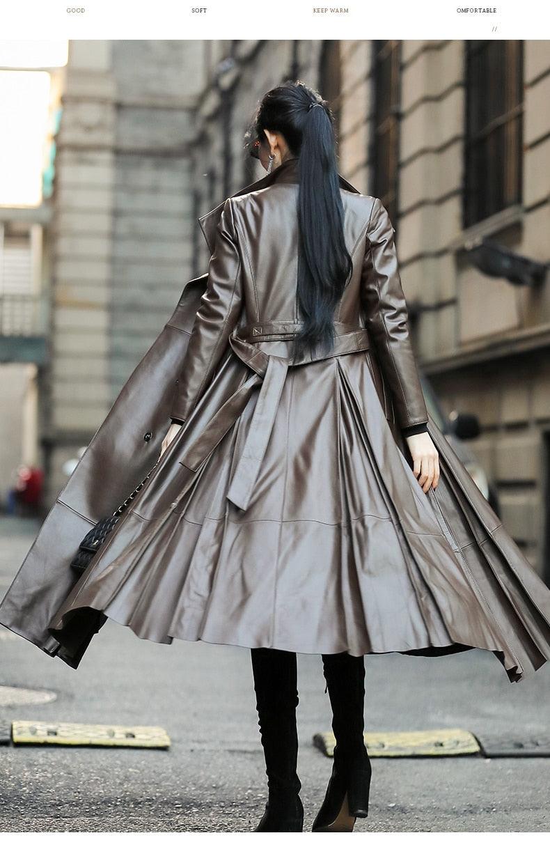 Great Women Autumn Long Brown Black Soft Faux Leather Trench Coat - Belt Long Sleeve Skirted Elegant Luxury Fashion (TB8B)(TB8A)(TP3)(1U23) - Deals DejaVu