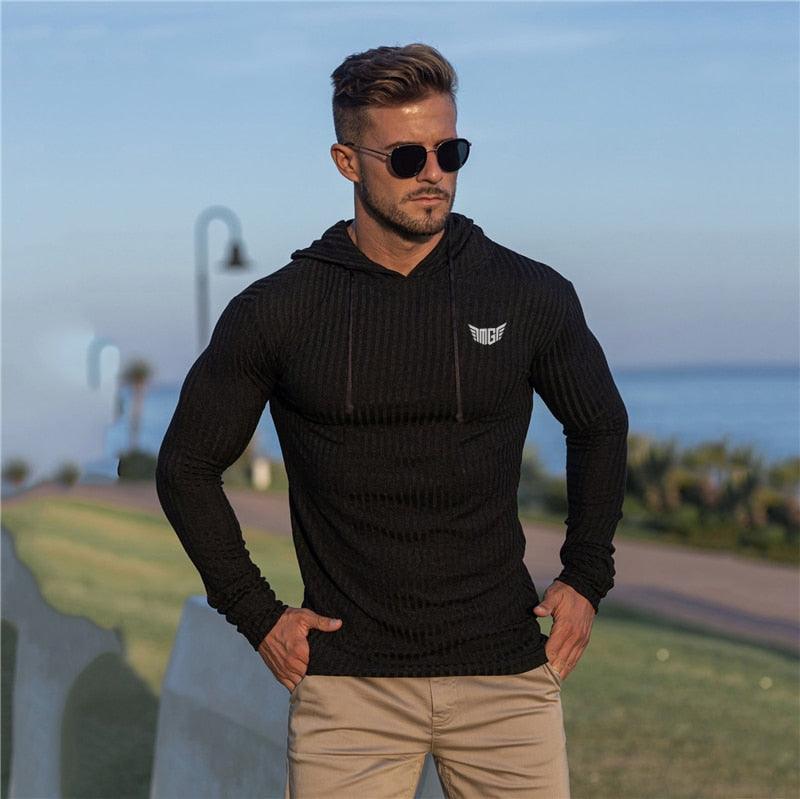 New Fashion Knitted Hooded T-shirt -Men Pit Stripe Slim Fit Thin Sweaters -Mens Long Sleeve Pullovers (TM5)(CC1)(1U100)(TM7)(1U101)(1U100)