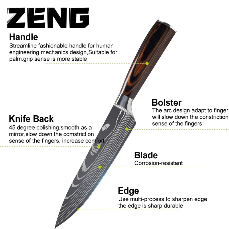 Great 8"inch Japanese Kitchen Knives - Laser Damascus Pattern Chef Knife - Sharp Santoku Cleaver Slicing Utility Knives Tool (AK5)(1U61)