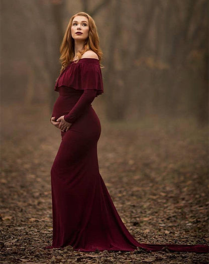 Ruffles Maternity Dresses For Photo Shoot - Long Pregnancy Dress - Photography Props Off Shoulder Maxi (1U5)(Z6)(Z8)(1Z1)(2Z1)(3Z1)(4Z1)(7Z1)