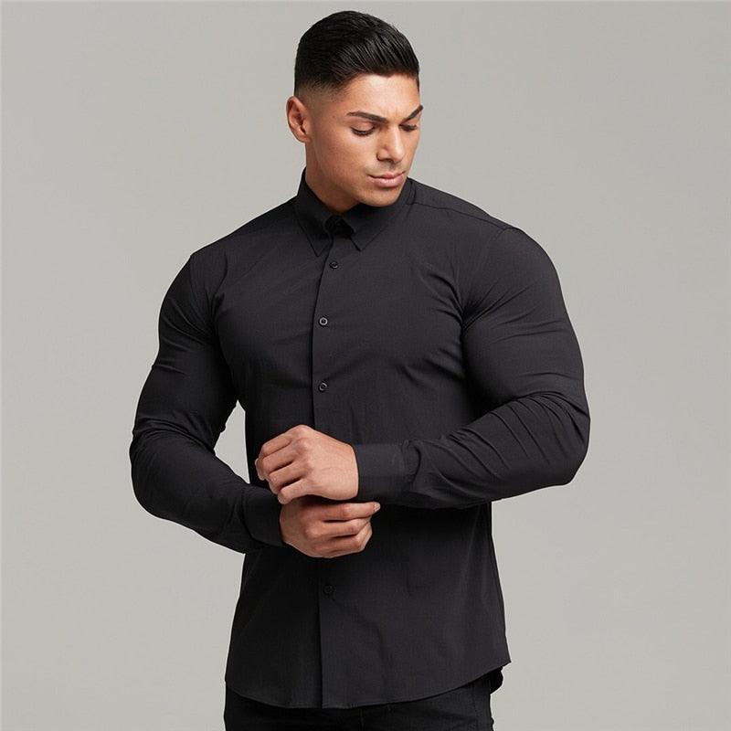 Trending Men Fashion Casual long Sleeve Solid Shirt - Super Slim Fit - Male Social Business - Fitness Sports Clothing (TM1)(T2G)(1U8)(TM8]
