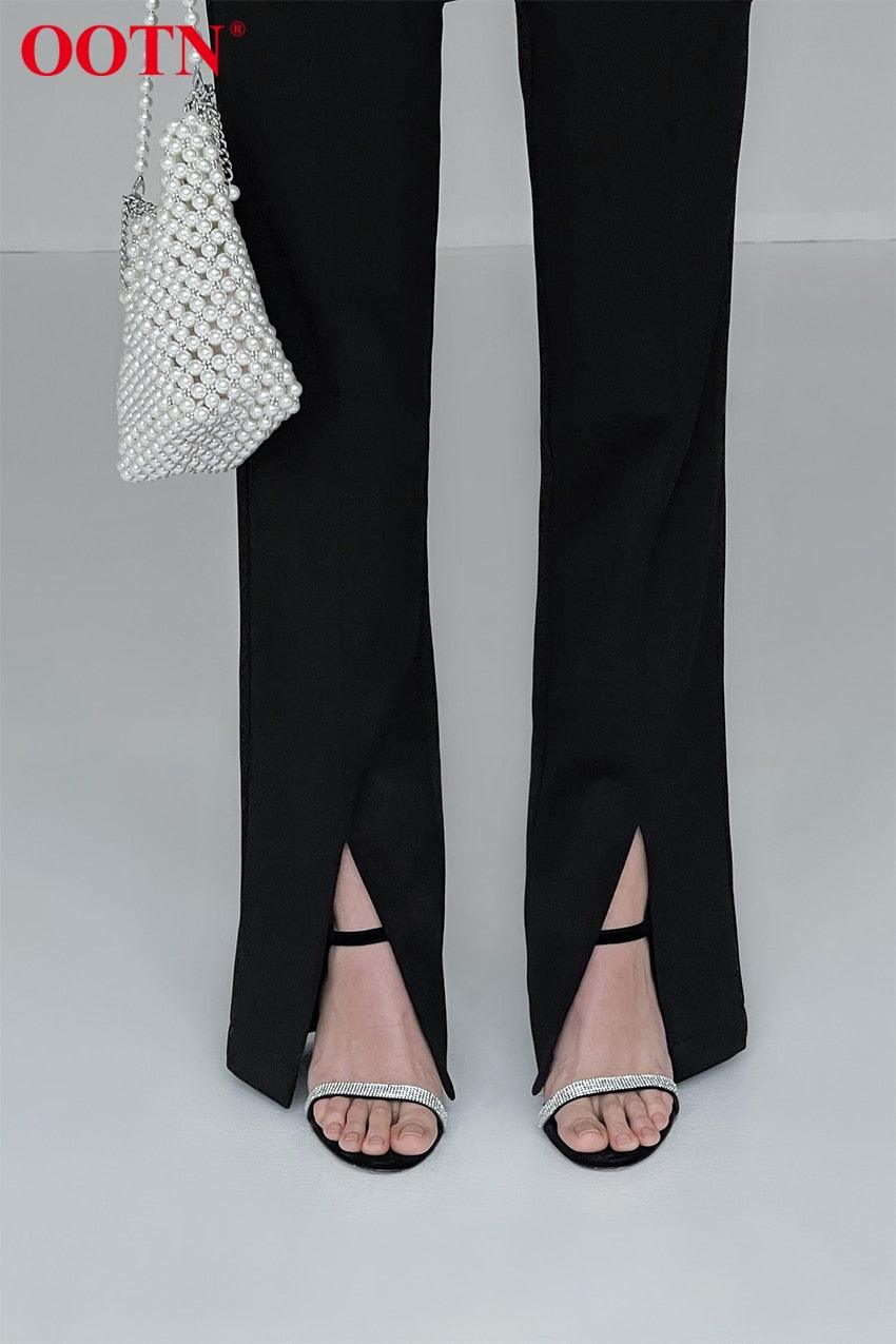 High Street Fashion Black Boot Cut Pants - Female High Waist Split Elastic Waist Slim Trouser For Women Wild Plus Length Pant (BP)(1U25) - Deals DejaVu