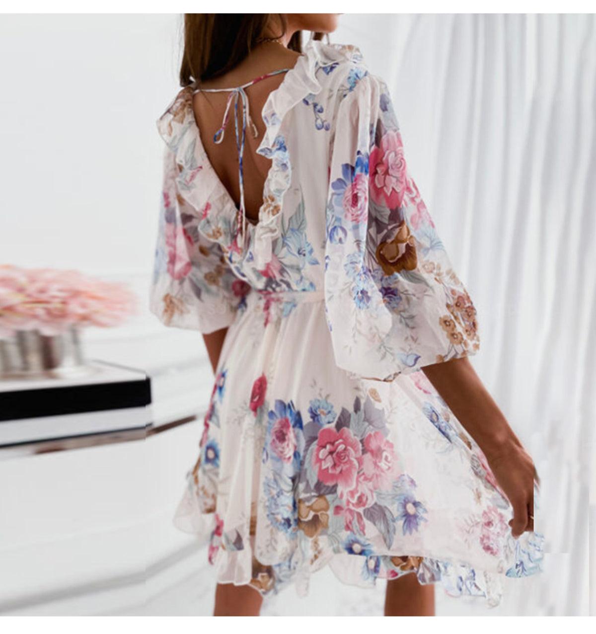 Great Women Spring Cascading Ruffles Flower Print Dress - Boho 2022 Summer Office Chiffon Dress- Female Backless Party Vestidos (BWD)(WS06)(F30)(2U30) - Deals DejaVu