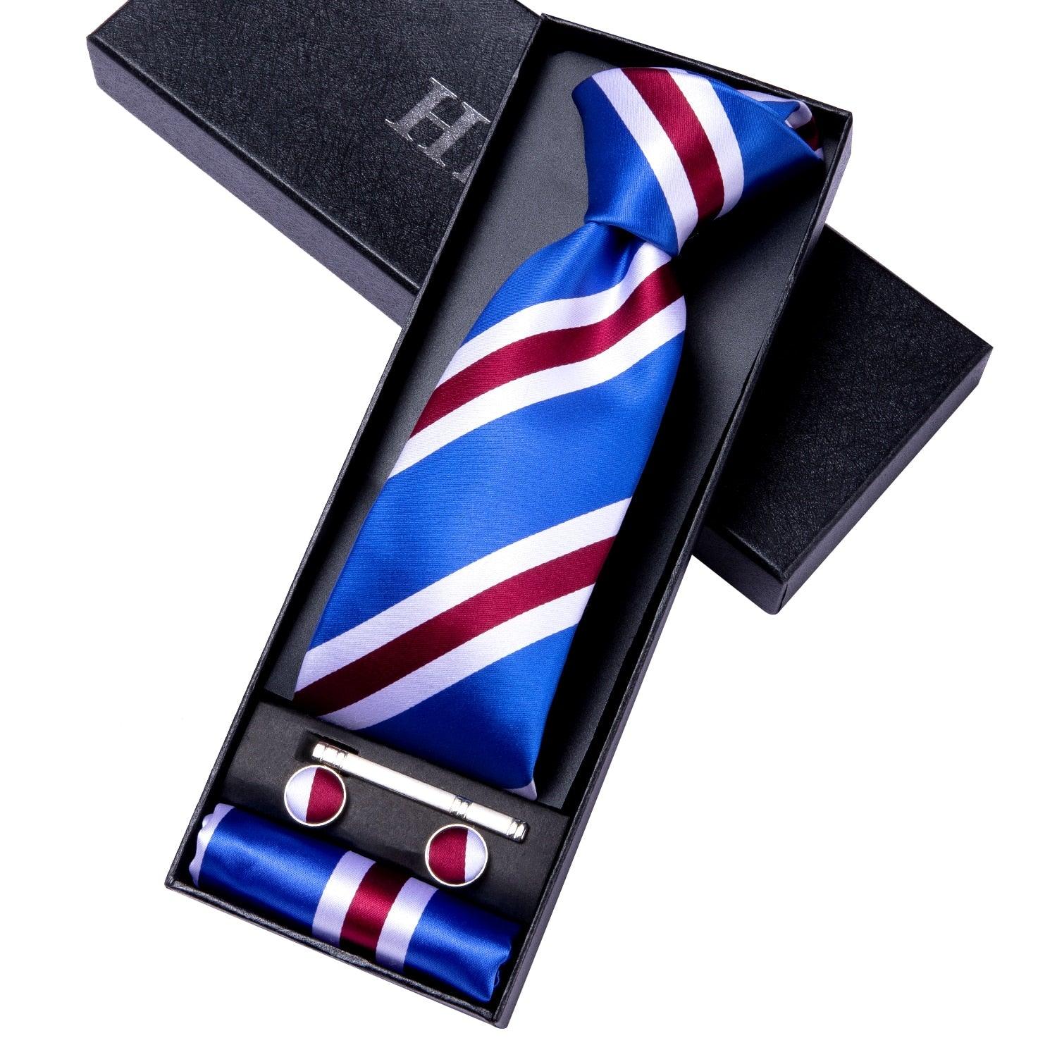 Luxury Men's Tie Blue Striped Business Silk Set Gift - Men Fashion Hanky Cufflinks Set (MA2)(F17)