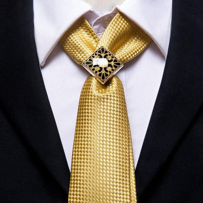 Yellow Gold Plaid Men's Tie Set - Gold Ring Style Fashion Design Hanky Cufflinks Set (MA2)(F17)