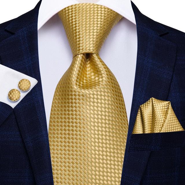 Yellow Gold Plaid Men's Tie Set - Gold Ring Style Fashion Design Hanky Cufflinks Set (MA2)(F17)