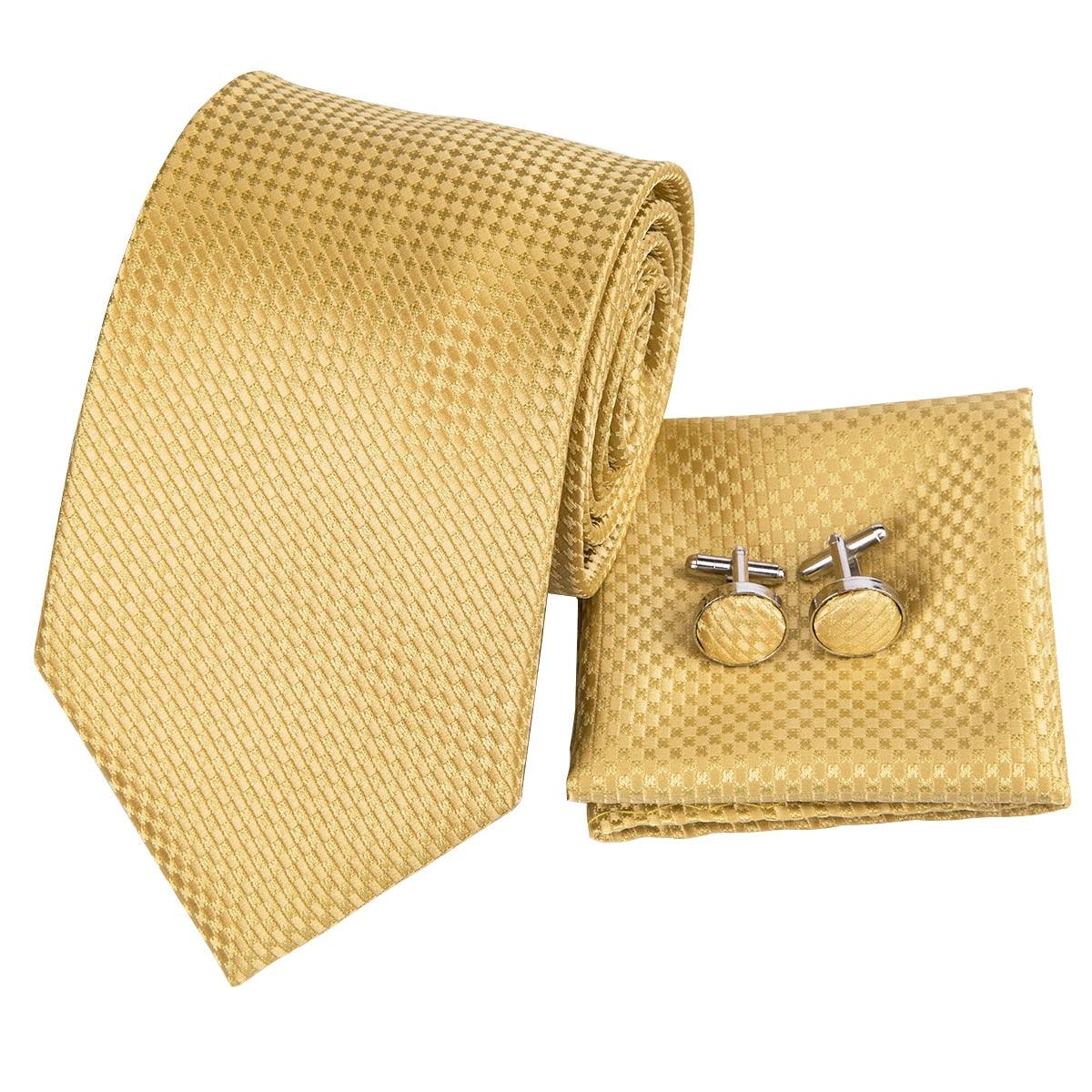 Yellow Gold Plaid Men's Tie Set - Gold Ring Style Fashion Design Hanky Cufflinks Set (MA2)(F17)