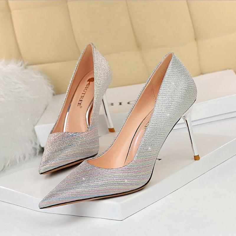 Silver Womens Sparkly High Heels | Womens Silver Glitter SHoes