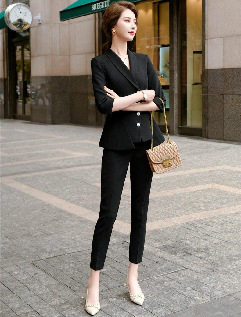 Summer Office Fashion Two Piece Sets Women Short Sleeve Tops + Ankle-Length  Pants Outfits Elegant Ladies Korean 2 Pcs Sets
