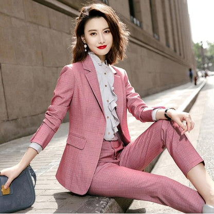 High Quality Women Plaid Pant Suit - Business Wear Set - Long Sleeve Soft Blazer, Pant 2 Piece Set (TB5)