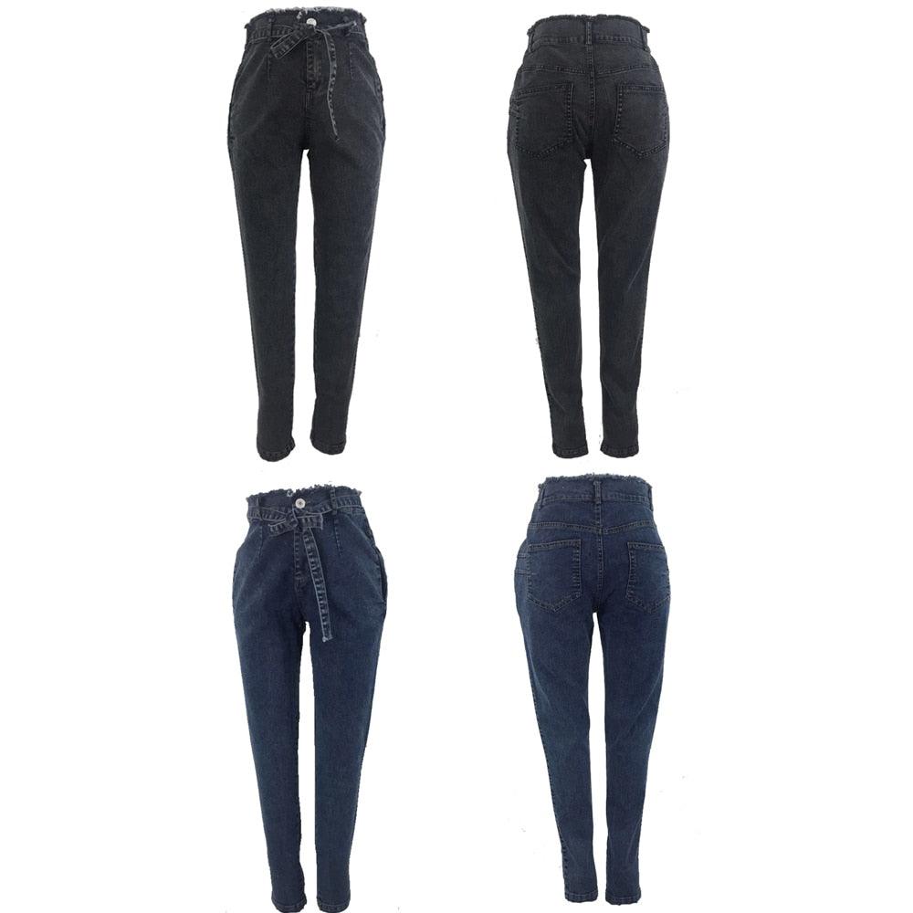 Gorgeous High Waist Jeans - Women Slim Stretch Denim Jean - Tassel Belt Bandage Skinny Push Up Jeans (TB6)(BCD3)(F21)