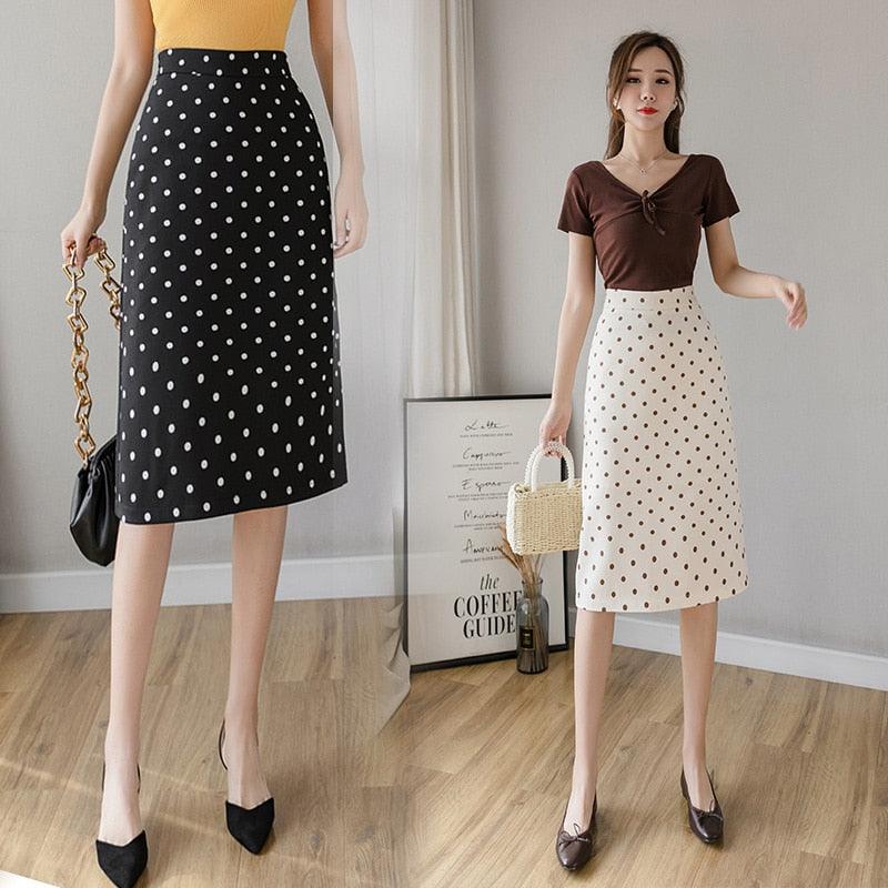 High Waist Split Midi Skirts - Women Dot Print - Casual Chic Summer High Fashion Boho Skirt (D23)(D20)(TB7)(TP6)