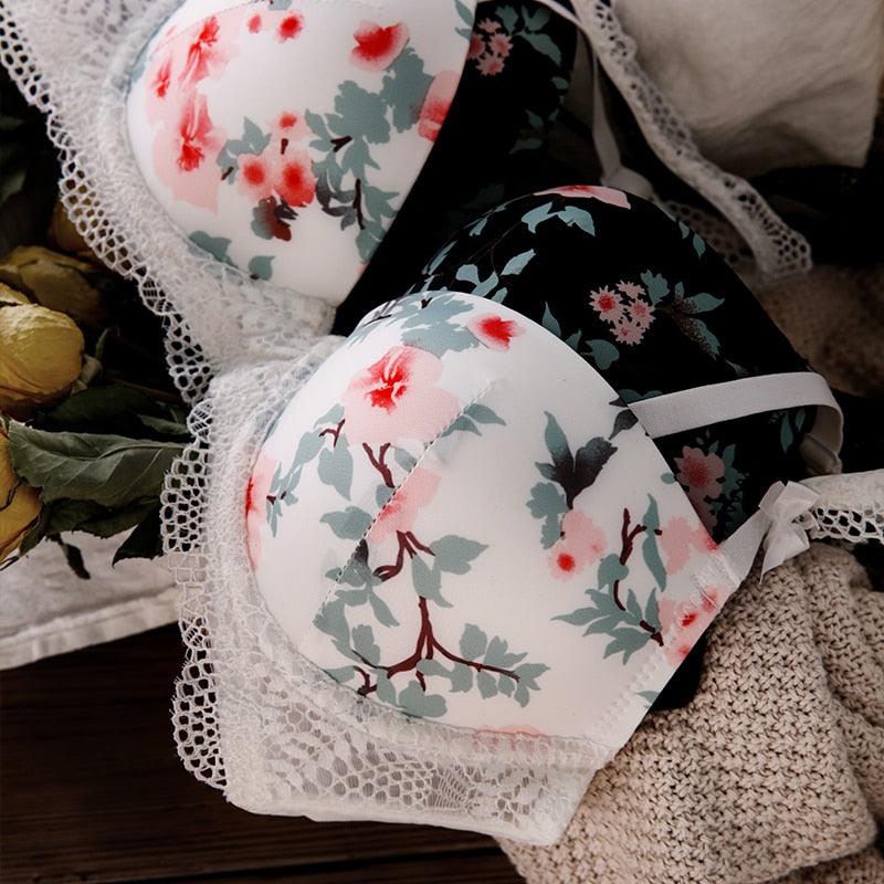 Beautiful Sexy Print Bra Set - Lace Trim Floral Women Lingerie Set - Push up Bow Bra + Hollow Out Panties (D27)(TSB4)