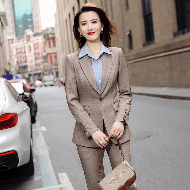 High Quality Women Plaid Pant Suit - Business Wear Set - Long Sleeve Soft Blazer, Pant 2 Piece Set (TB5)