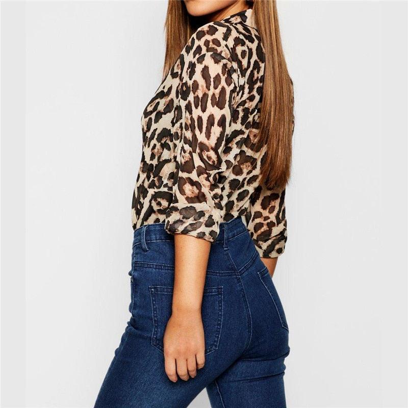 Sexy Leopard Blouse - Long Sleeve Office Top - Turn Down Collar Casual Shirt - Loose Tops (D19)(TB1)(TB4)(BCD2)