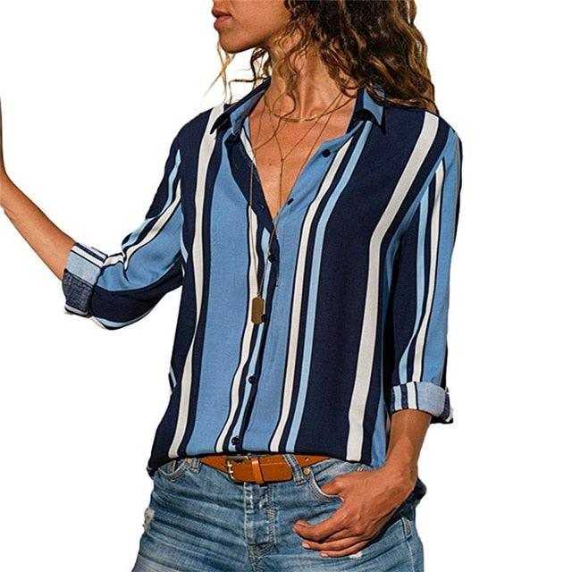 Fashion Striped Printed Ladies Shirt - Long Sleeve Blouse Turn Down Collar - Casual Office Shirts - Plus Size Blouse (D19)(TB4)