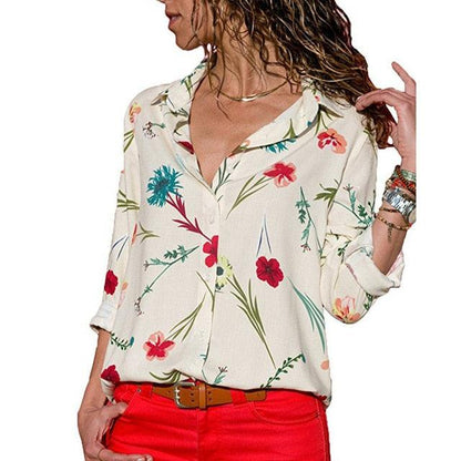 Great Women Blouses - Floral Print Long Sleeve Turn Down Collar Blouse Shirt - Striped Tunic - Plus Size (TB4)