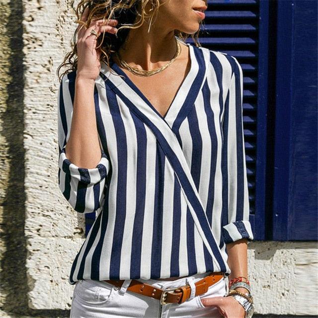 Women Sexy V-Neck Striped Blouse Shirt - Summer Casual Long Sleeve Work Blouses - Office Tops (TB1)