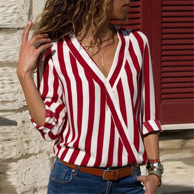 Women Sexy V-Neck Striped Blouse Shirt - Summer Casual Long Sleeve Work Blouses - Office Tops (TB1)