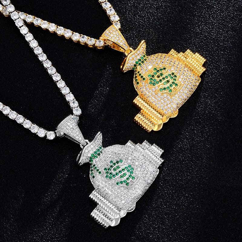 Great CZ Money Bag Cash Coins Iced Out Cubic Zircon Necklaces & Pendants (1U83)