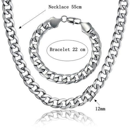 Cuban Link Chain Necklace & Bracelet Set - African Dubai Gold Color Stainless Steel Jewelry Sets (MJ4)(F83)