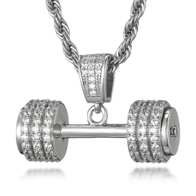 Bling Rope Chain Barbell Gym Fitness Dumbbell Gold Color Hand Pendants & Necklaces (1U83)