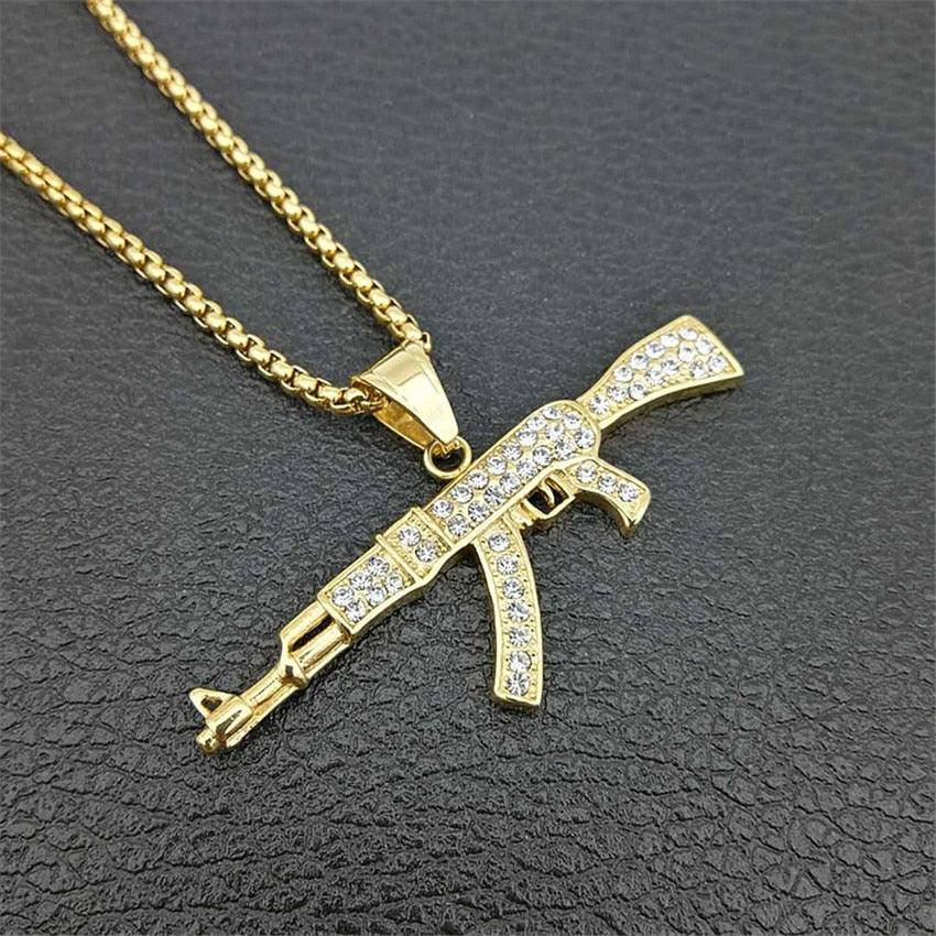 Hip Hop Iced Out Rhinestones AK47 Gun Pendant With 4Size Chain Stainless Steel Gold Color Necklace (MJ2)