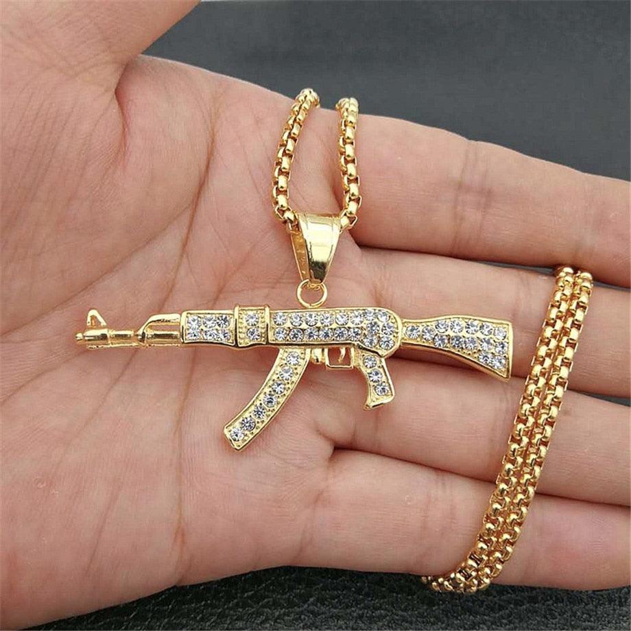 AK47 Gun Pattern Necklace Gold Color Stainless Steel Cool Fashion Military Pendant & Chain For Men (MJ2)