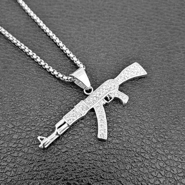 AK47 Gun Pattern Necklace Gold Color Stainless Steel Cool Fashion Military Pendant & Chain For Men (MJ2)