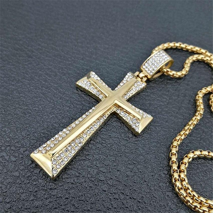 Hip Hop Stainless Steel Knight Cross Pendant Necklace - Men's Gold Color Chain (MJ2)(F83)