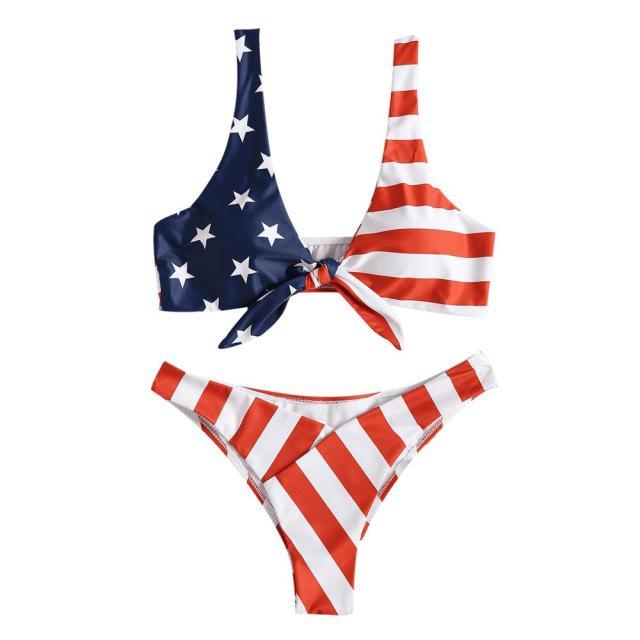 Hot Sale Women American Flag Swimwear Set - Bandage Bikini Set - Push Up Bra (1U26)