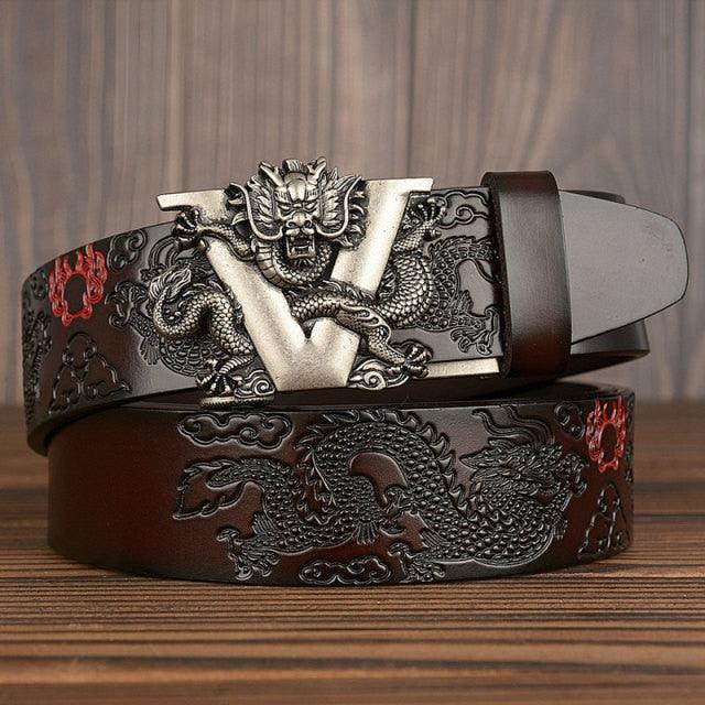 New Men's China Dragon Belt - Genuine Leather Belt - Dragon Pattern Automatic Buckle Belt Strap (MA1)(F17)