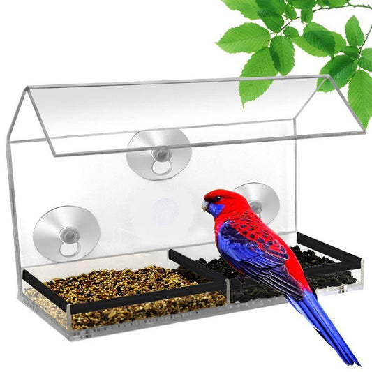 House Styling Hanging Bird Parrot Feeder Clear Glass Window Seed Tray Pet Feeding Accessories (9W4)(F76)