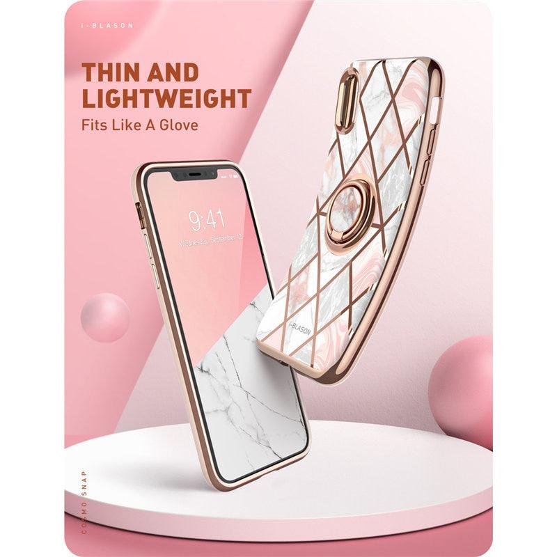 iphone X Xs Case Cosmo Snap Slim Marble Cover with Built-in 360 Rotatable Ring Holder Kickstand Support Car Mount (RS6)(1U50)