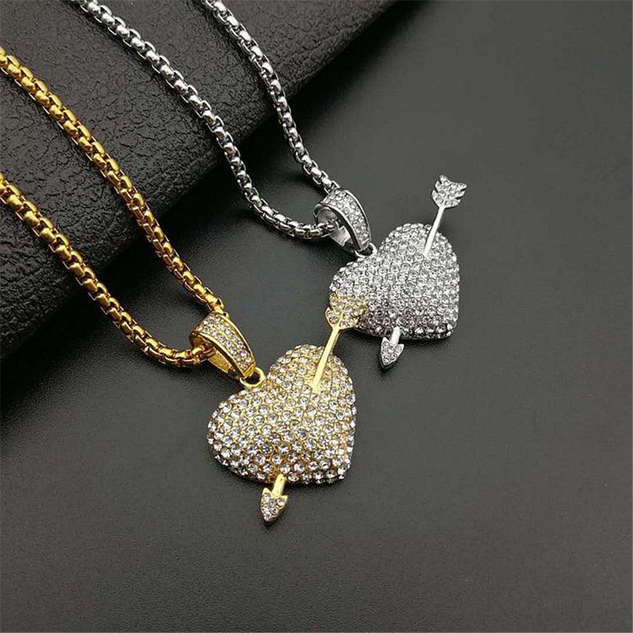 Iced Out Bling Bling Heart With Arrow Necklace - Pendant Cubic Zirconia Gold Silver Color CZ Chains (D83)(MJ2)