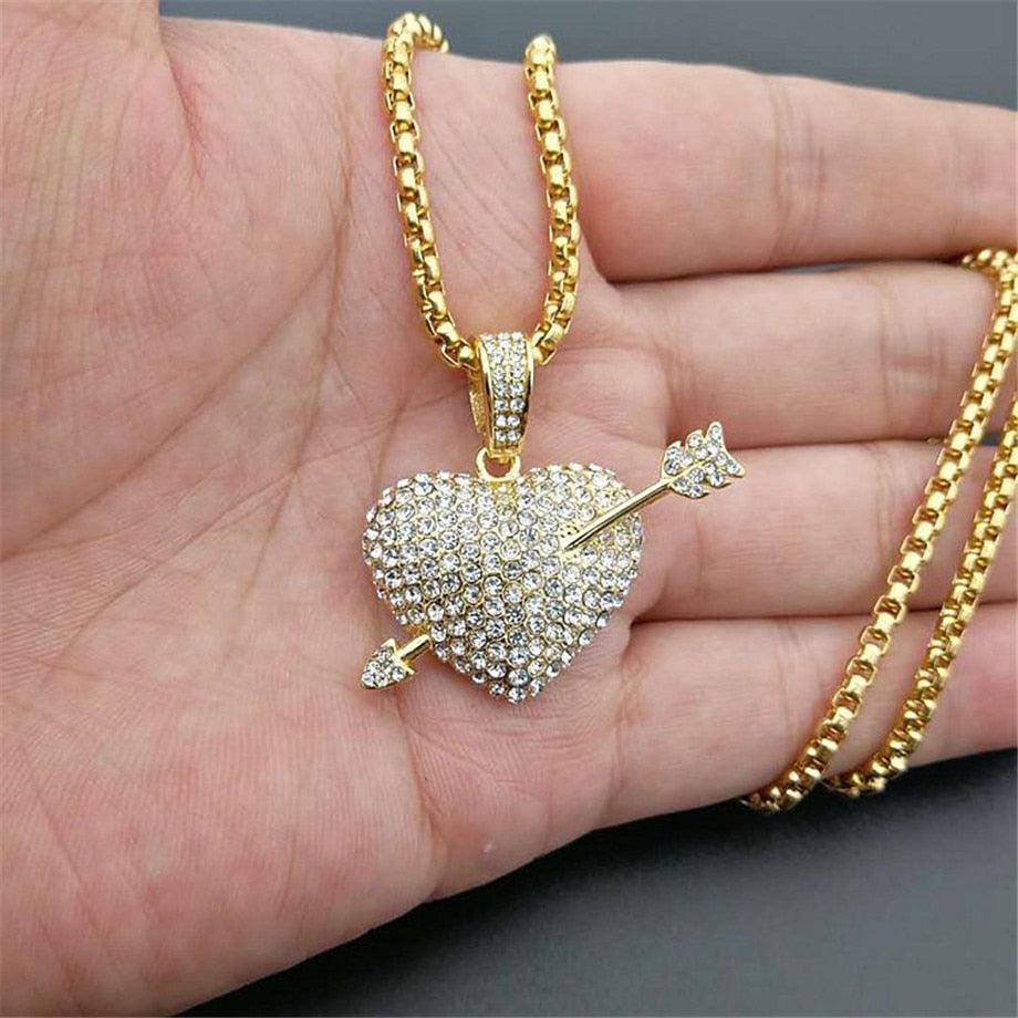 Iced Out Bling Bling Heart With Arrow Necklace - Pendant Cubic Zirconia Gold Silver Color CZ Chains (D83)(MJ2)