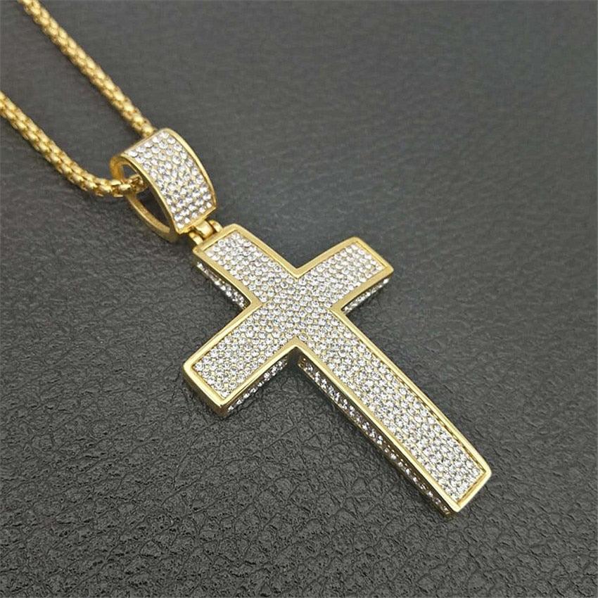 Big Cross Pendant Necklace Stainless Steel CZ Cross Necklaces - Bling Cubic Zircon Jewelry (MJ2)